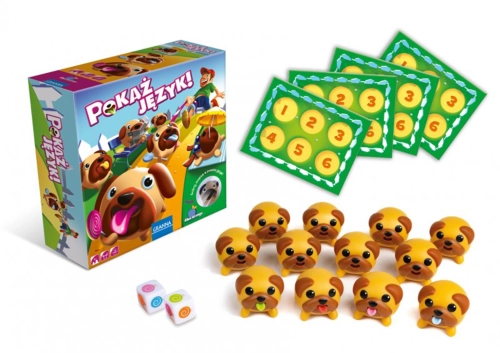 Zawartość gry "Pokaż Język": figurki mopsów, kostki i plansze