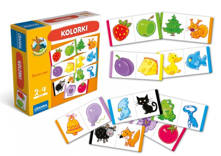 Zawartość gry "Kolorki": kartoniki domina z kolorowymi obrazkami