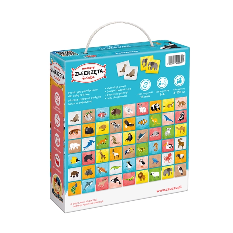 Tył opakowania gry "Memory Zwierzęta świata" z opisem elementów
