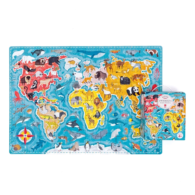 Ułożone puzzle "Zwierzeta Mapa Świata" i ich opakowanie