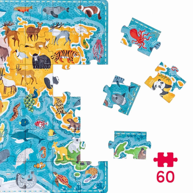 Fragmenty puzzli "Zwierzeta Mapa Świata" z ilustracjami zwierząt