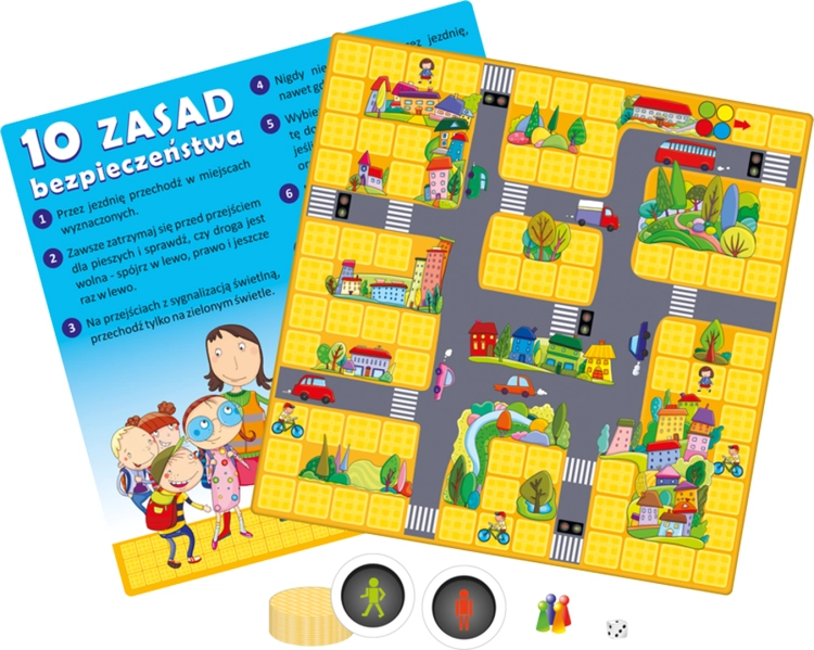 Plansza i elementy gry edukacyjnej "Bezpieczna droga" od Adamigo