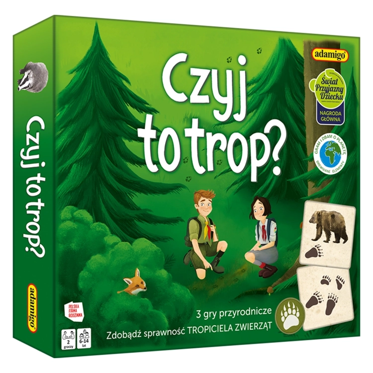 Pudełko gry edukacyjnej "Czyj to trop?" od Adamigo