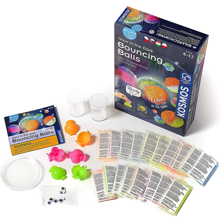 Zawartość zestawu "Fun Science – Skaczące Piłeczki" : granulat, formy i instrukcja