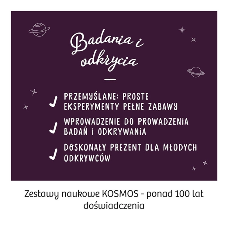 Informacje o zaletach zestawów edukacyjnych Kosmos na tle kosmosu.