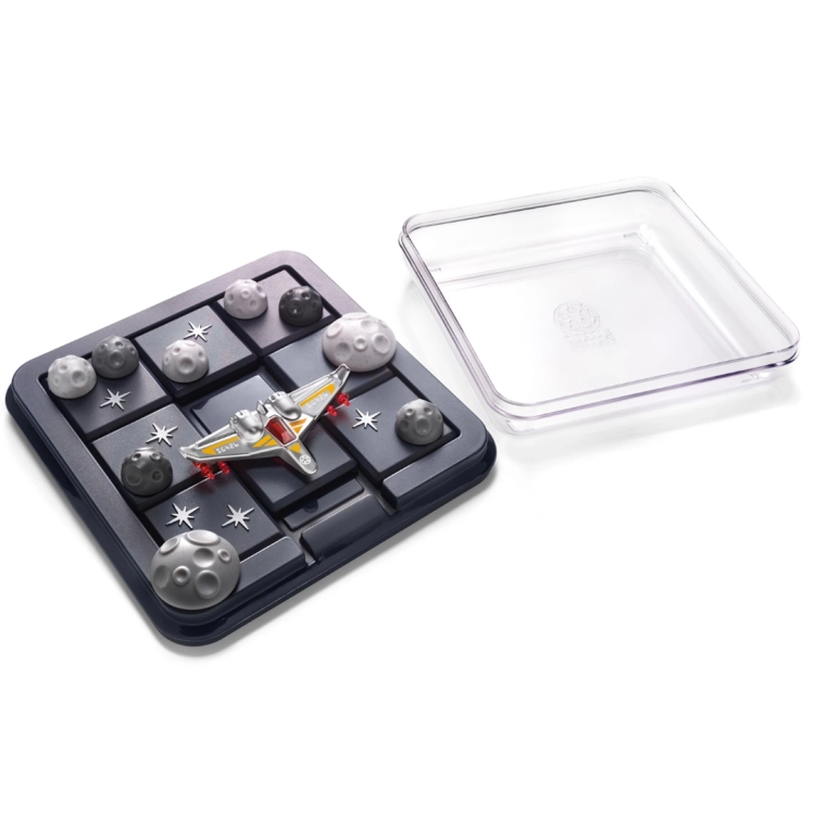 Plansza gry Gwiezdna Ucieczka z przesuwanym statkiem kosmicznym i asteroidami.