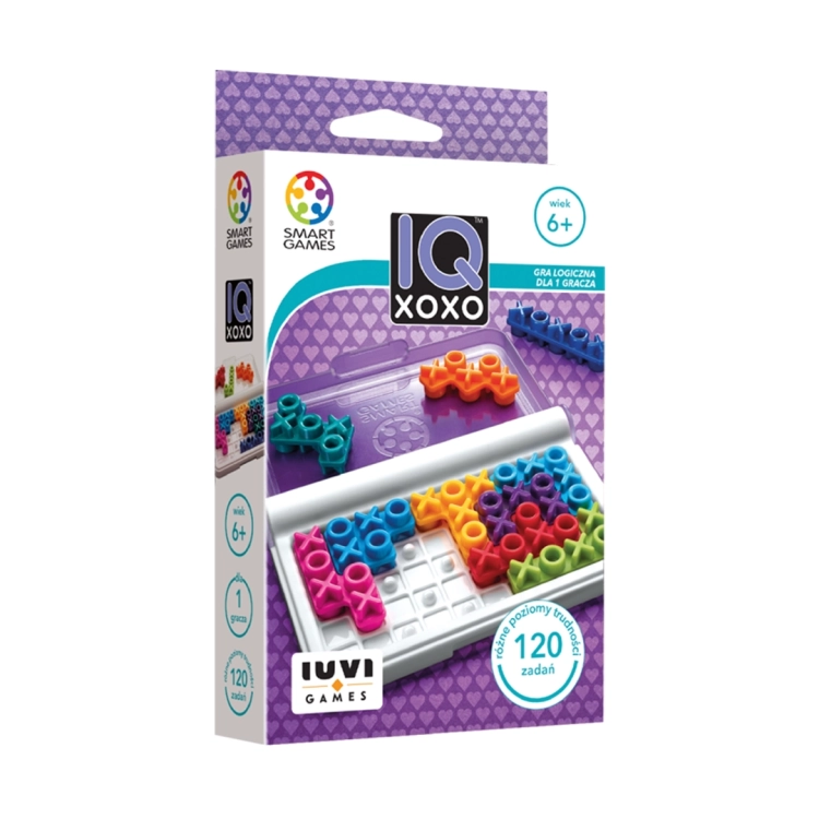 Opakowanie gry logicznej IQ XOXO - Smart Games 6+ z widocznymi kolorowymi elementami i informacją o liczbie zadań.