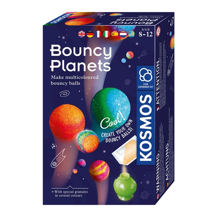 Opakowanie zestawu Skaczące Planety z widocznymi kolorowymi piłkami i akcesoriami.