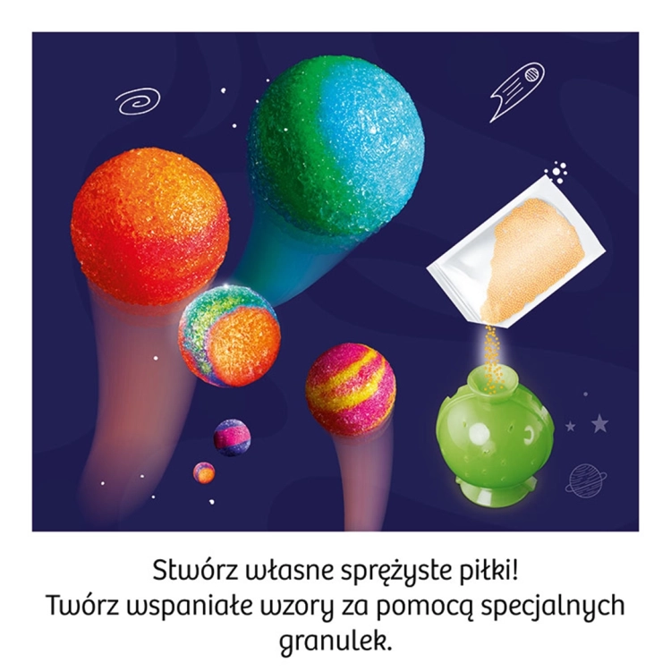 Proces tworzenia piłek: granulat wsypywany do formy w zestawie Skaczące Planety.