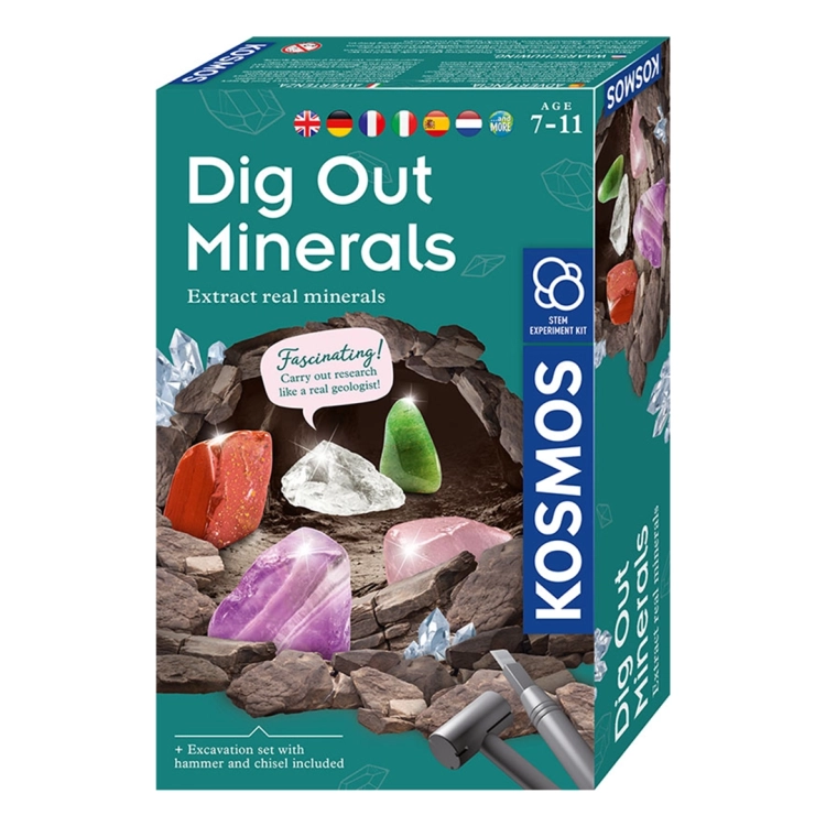 Opakowanie zestawu Mineralne Skarby od Piatnik z widocznymi minerałami i narzędziami.