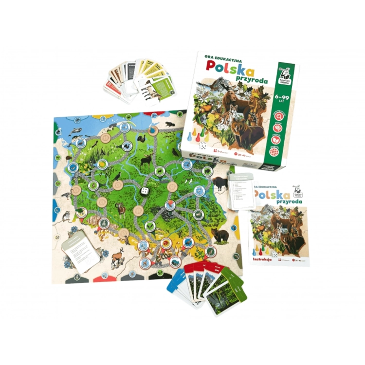 Zawartość zestawu Polska Przyroda: plansza, karty, pionki i instrukcja.