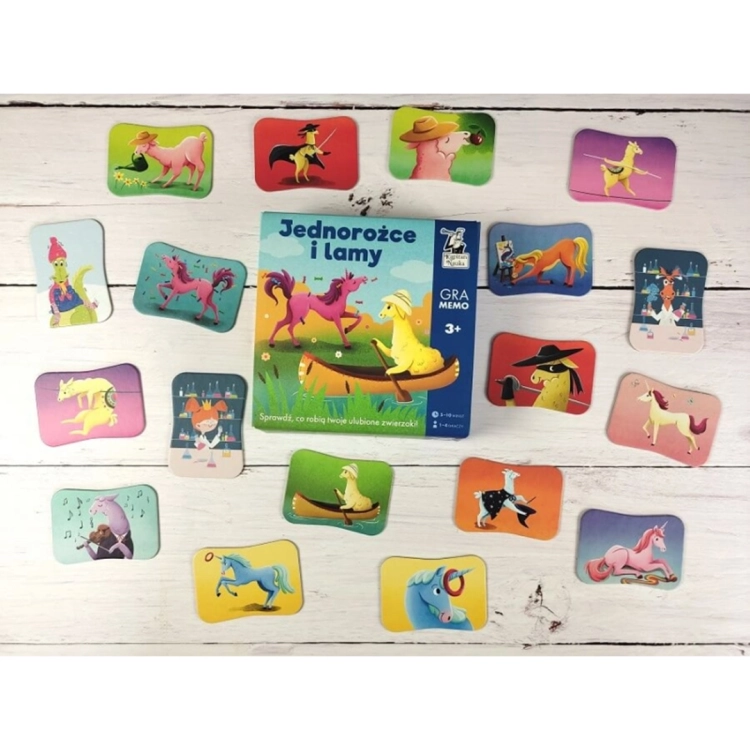 Zestaw kart memo z kolorowymi ilustracjami lam i jednorożców.