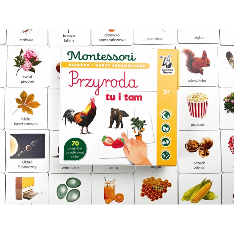 Książeczka Montessori z kartami sensorycznymi w tle.