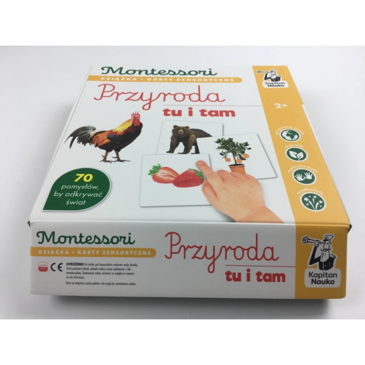 Pudełko Montessori Przyroda Tu i Tam z napisem „70 pomysłów, by odkrywać świat”.