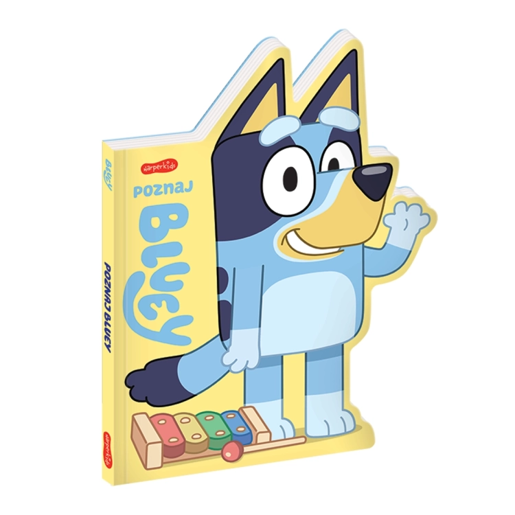 Okładka książeczki Poznaj Bluey w kształcie Bluey.