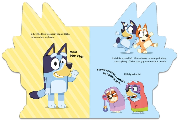 Strony książeczki Poznaj Bluey z ilustracjami i tekstem o przygodach Bluey.