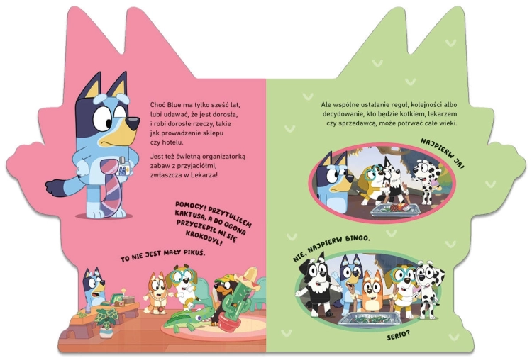 Fragment książeczki Poznaj Bluey z historiami i kolorowymi obrazkami.