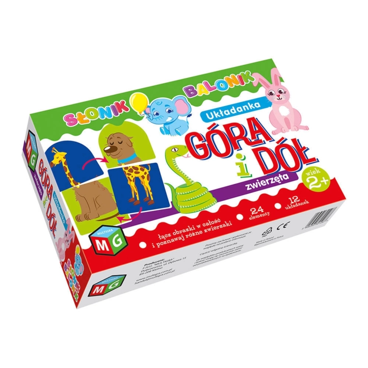 Opakowanie układanki Góra Dół: Zwierzęta z widocznymi ilustracjami zwierząt.