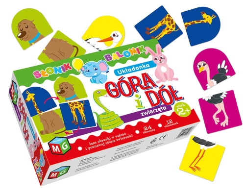 Elementy układanki Góra Dół: Zwierzęta przedstawiające głowy i tułowia różnych zwierząt.