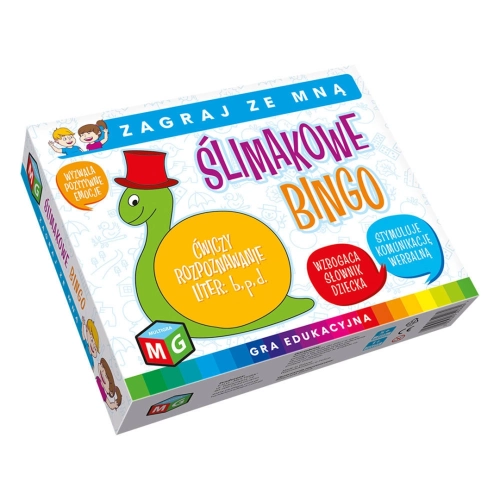 Opakowanie gry edukacyjnej Ślimakowe Bingo z elementami do nauki liter b, p, d.