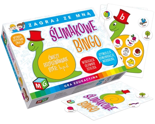 Elementy gry Ślimakowe Bingo: plansze z ilustracjami i żetony do gry.