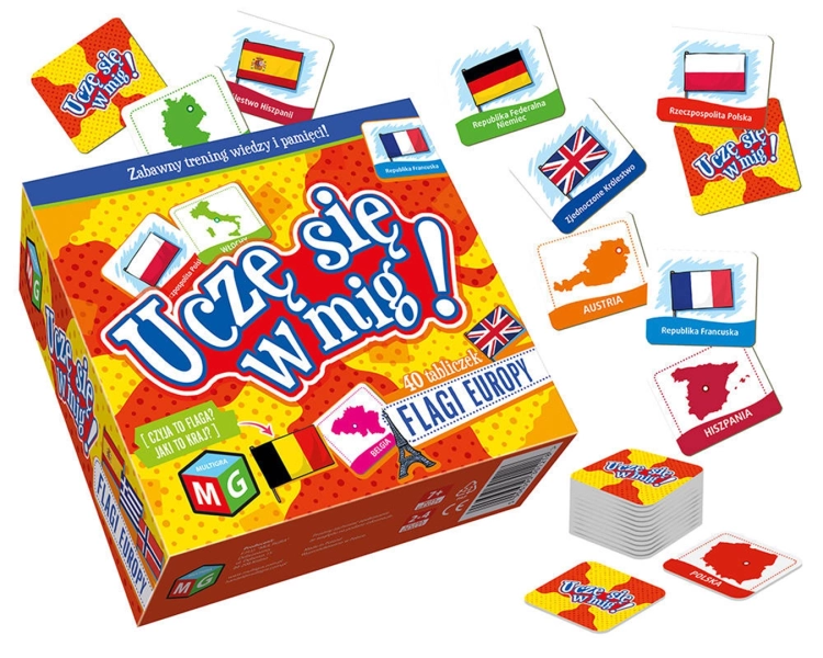 Zawartość gry Flagi Europy – tabliczki z flagami i mapami państw.