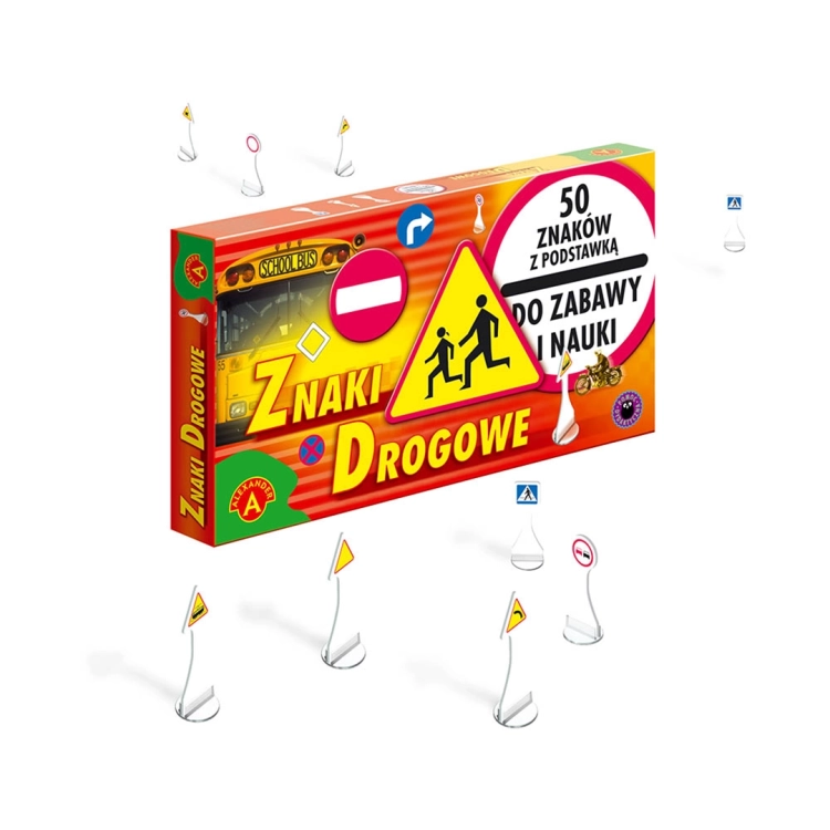 Zawartość zestawu "Znaki Drogowe": miniatury znaków drogowych z podstawkami.