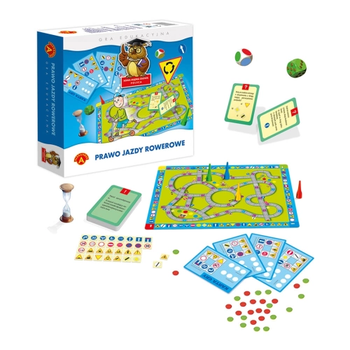 Zawartość zestawu "Sowa Mądra Głowa – Prawo Jazdy Rowerowe": plansza, pionki, karty i znaki drogowe.
