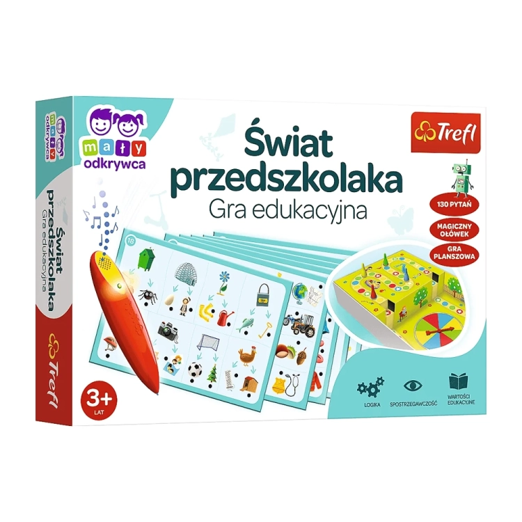 Pudełko gry edukacyjnej "Świat Przedszkolaka: Magiczny Ołówek" od Trefl, przeznaczonej dla dzieci 3+.