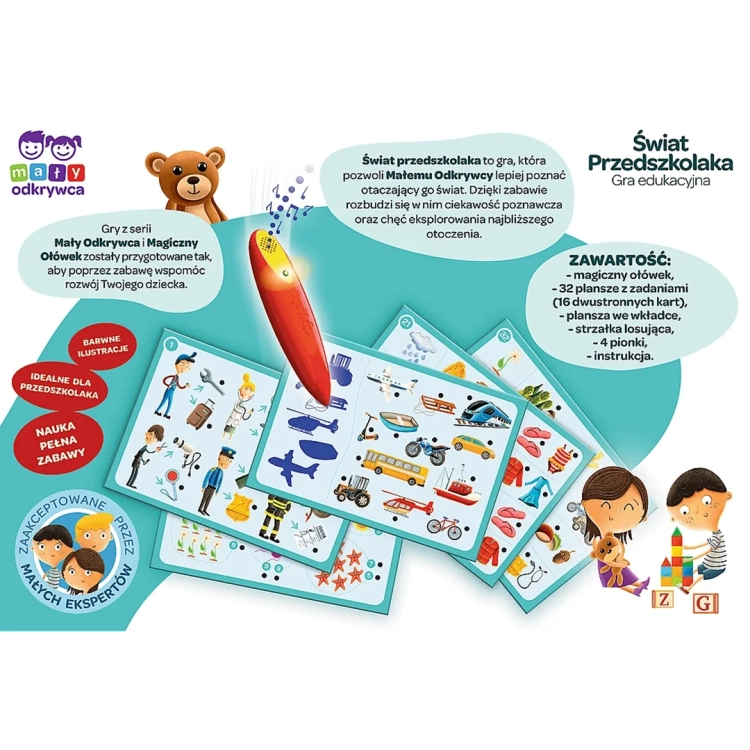 Opis zawartości gry "Świat Przedszkolaka: Magiczny Ołówek" i jej funkcji edukacyjnych.