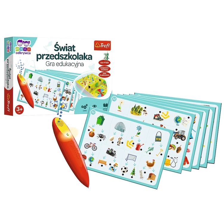 Pudełko i plansze gry edukacyjnej "Świat Przedszkolaka: Magiczny Ołówek" z interaktywnym ołówkiem