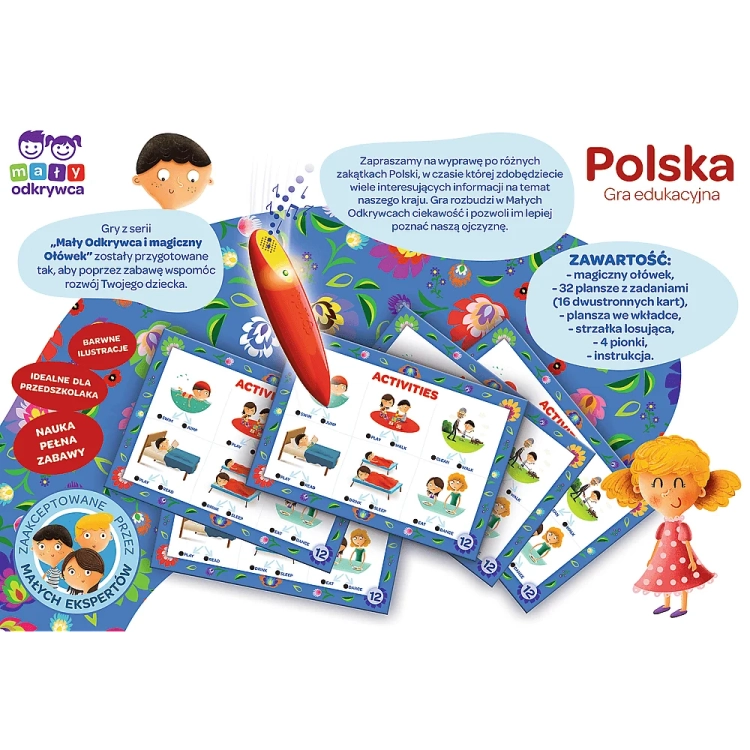 Szczegóły zawartości gry edukacyjnej "Polska: Magiczny Ołówek" – plansze, ołówek i zadania.