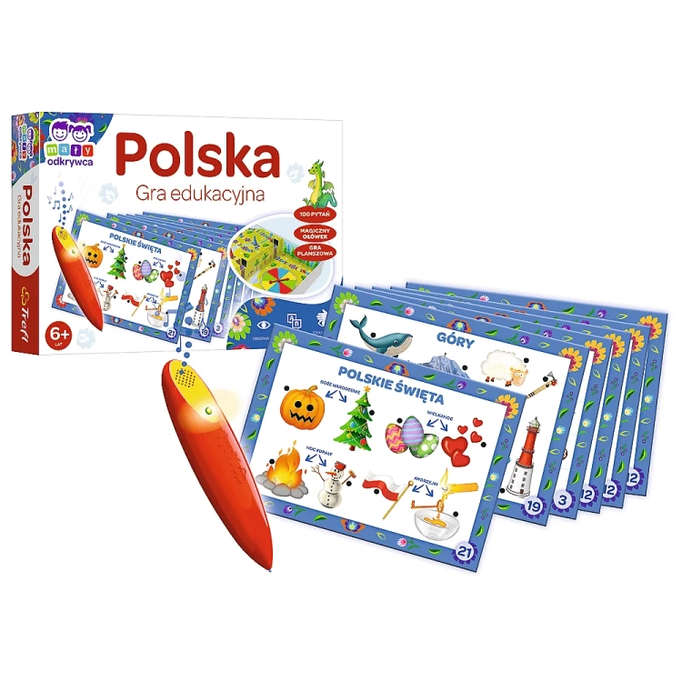 Zestaw gry edukacyjnej "Polska: Magiczny Ołówek" z planszami i interaktywnym ołówkiem.
