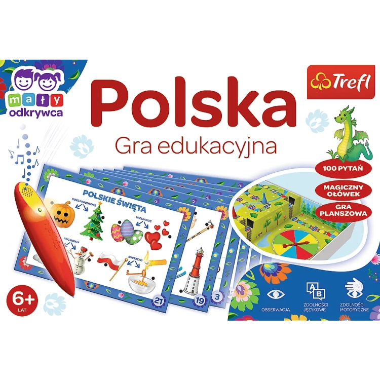 Ilustracje pudełka gry "Polska: Magiczny Ołówek" z podkreśleniem jej funkcji edukacyjnych.