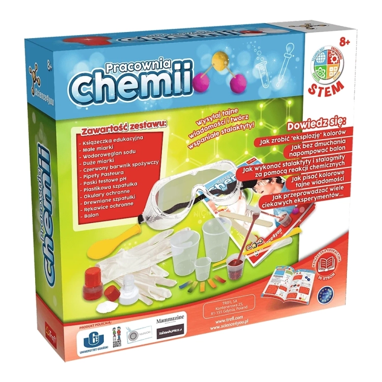 Zawartość zestawu Laboratorium Chemiczne do eksperymentów chemicznych.