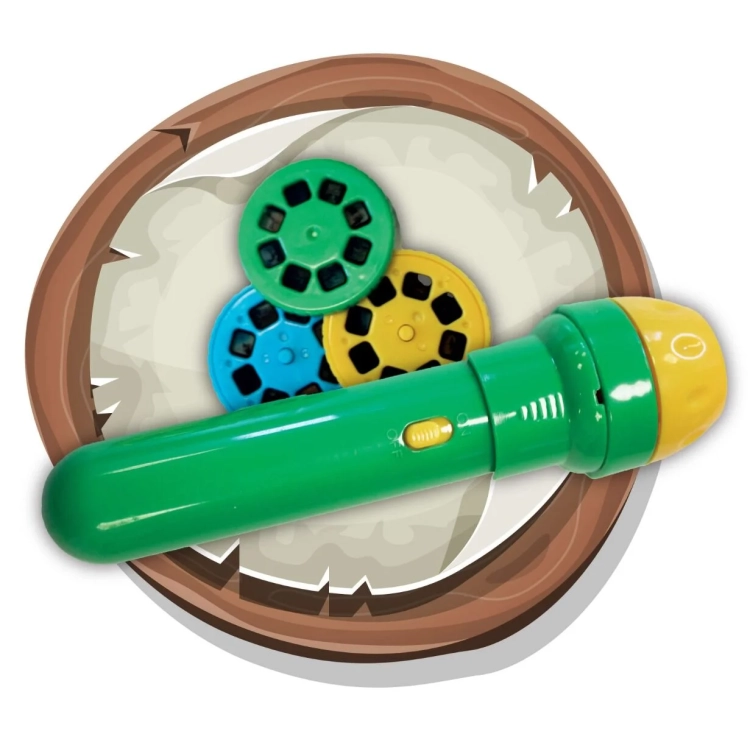 Projektor i slajdy z dinozaurami z zestawu.