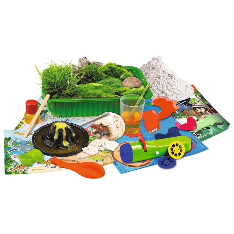 Zawartość zestawu naukowego Zostań Odkrywcą Dinozaurów.