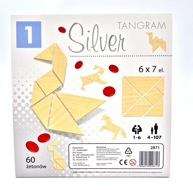 Tył opakowania gry tangram silver z instrukcjami i informacjami o zawartości. Widok boczny opakowania gry tangram silver z opisem wieku graczy.
