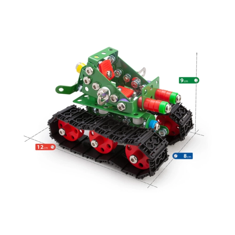 Model czołgu Tanky z zestawu Mały Konstruktor od Alexander, z widocznymi wymiarami 12 cm x 8 cm x 9 cm.