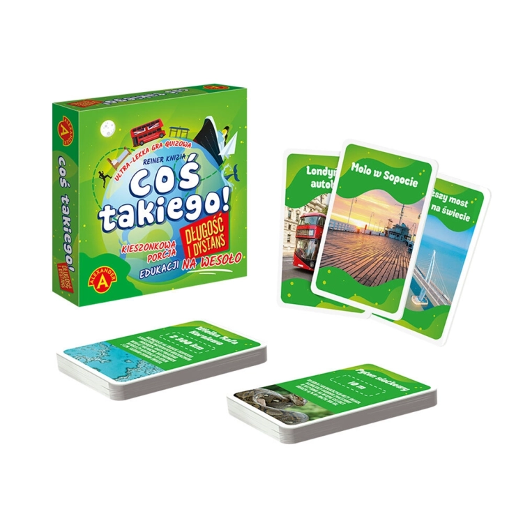 Opakowanie gry Coś Takiego! Długość i Dystans oraz karty do gry.