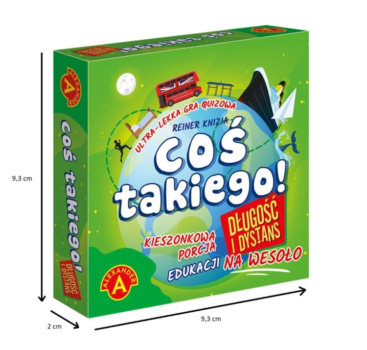 Widok pudełka gry Coś Takiego! Długość i Dystans z wymiarami 9,3 x 9,3 x 2 cm.