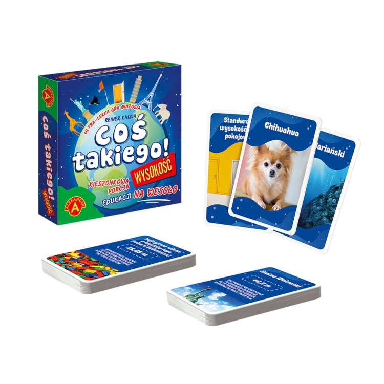 Gra planszowa "Coś takiego! Wysokość" - kompaktowe opakowanie i karty.