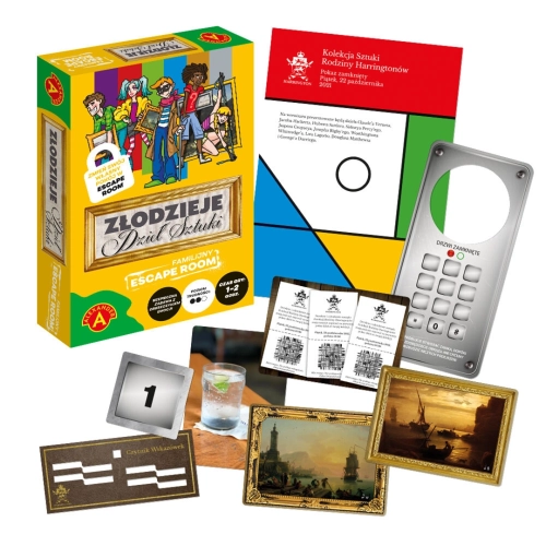 Zawartość zestawu gry Escape Room Złodzieje Dzieł Sztuki z rekwizytami i kartami.