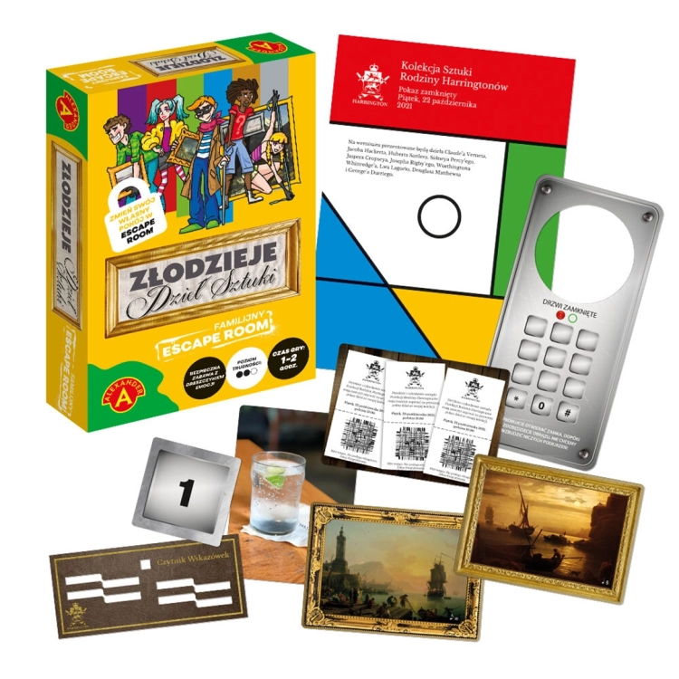 Zawartość zestawu gry Escape Room Złodzieje Dzieł Sztuki z rekwizytami i kartami.