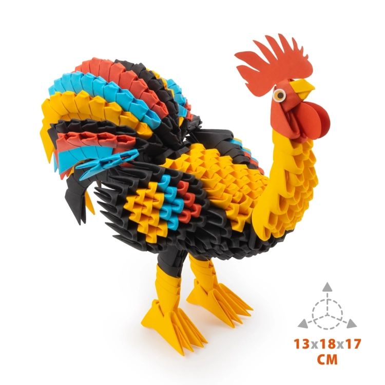 Gotowy model koguta ORIGAMI 3D z wymiarami 13x18x17 cm.