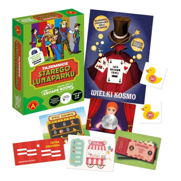 Gra Escape Room Tajemnice starego lunaparku - zestaw elementów gry planszowej.