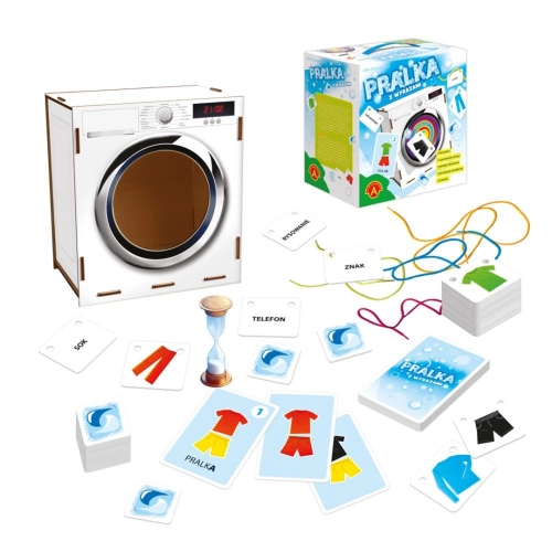 Elementy zestawu gry edukacyjnej Pralka Aleksander.