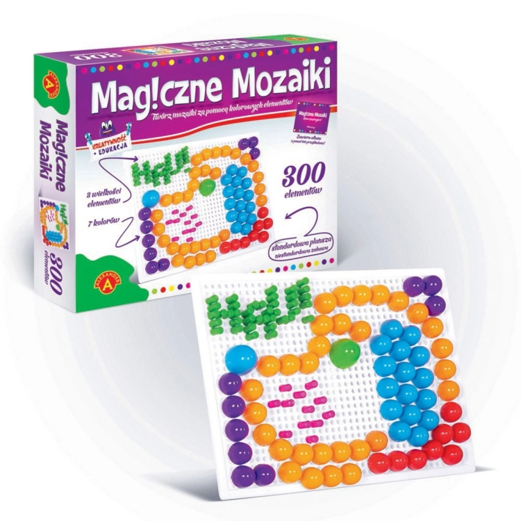 Zestaw Magiczne Mozaiki Alexander z planszą i kolorowymi elementami.