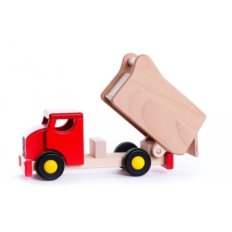 Drewniana wywrotka z czerwonym kabiną i podnoszoną skrzynią ładunkową Bajo.