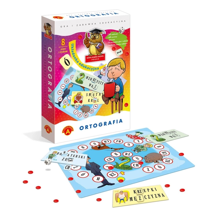 Plansza i pionki z gry Sowa Mądra Głowa Ortografia